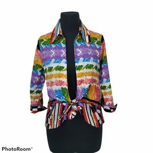 Vintage 90s Mishca Womens M Bright Colorful Abstract Tie Waist Popover Blouse‎